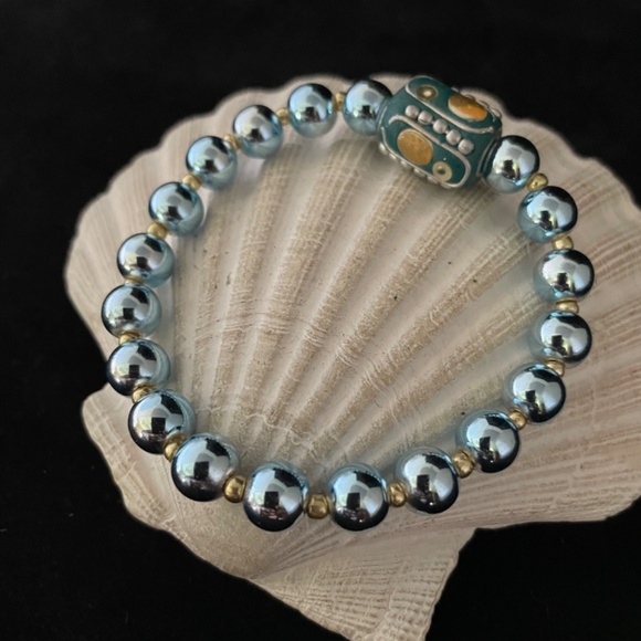 Grounding &  Protection Turquoise Hematite Beaded Stretch Bracelet - Picture 2 of 5